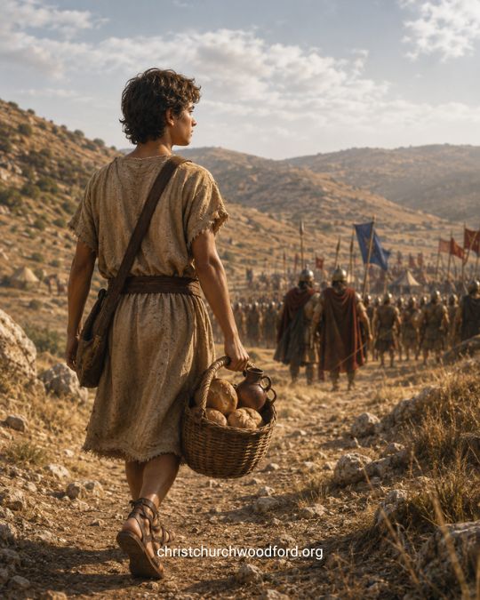 David arrived at the battlefield in the Bible story