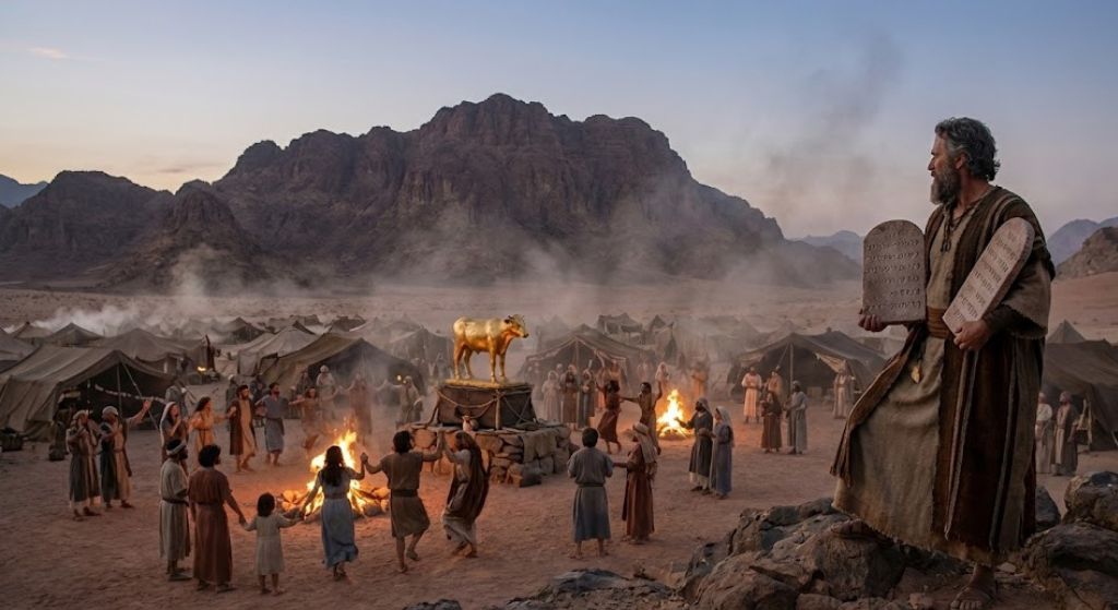 Moses approached the camp and saw the golden calf and Israelites dancing