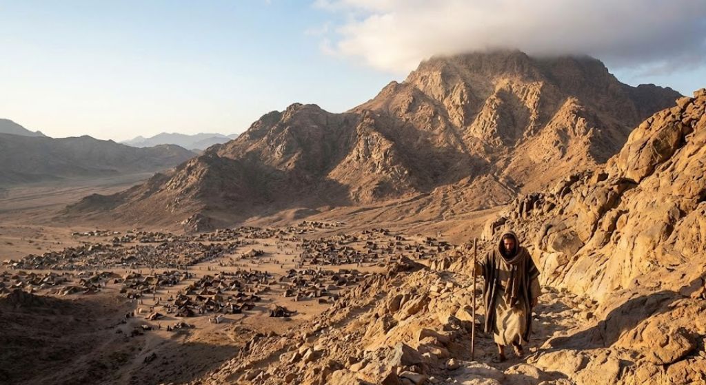 Moses climbing up to the Sinai Mount and leaving  approximately 2-3 million Israelites camped at the mountain's base
