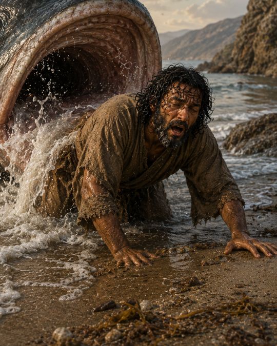 The fish then vomits Jonah onto dry land