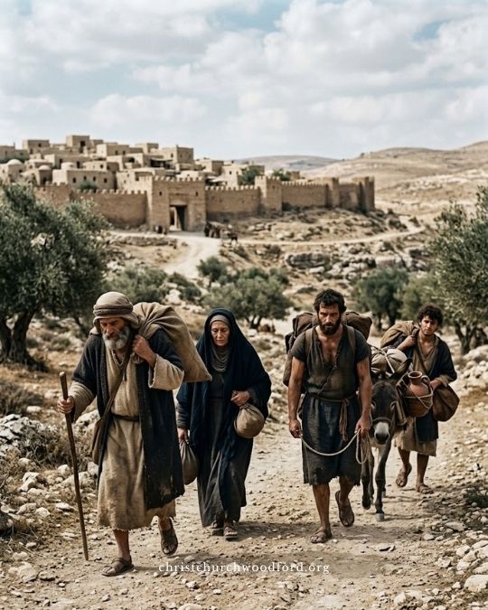 Elimelech takes his wife Naomi and their two sons and leaves Bethlehem